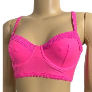Victoria’s Secret Cotton Strapless Unlined Lace trim Longline underwire bra pink